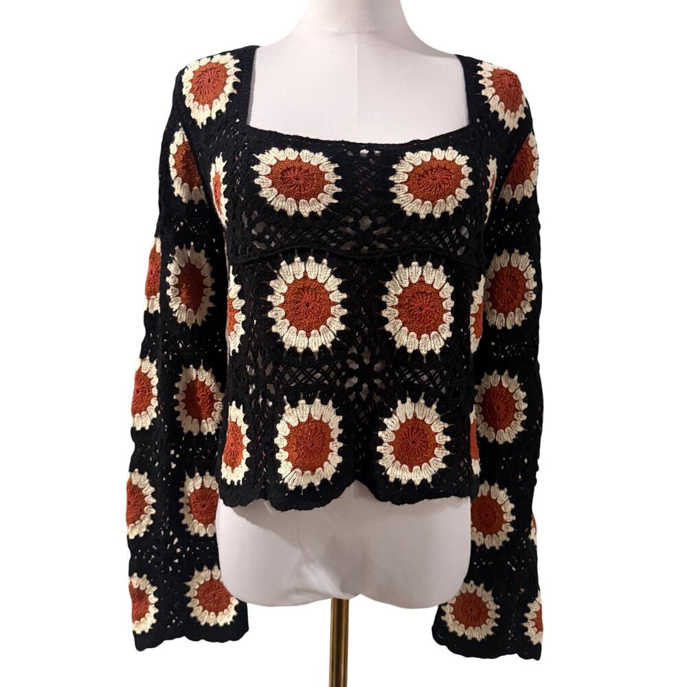 NEW En Creme Black Crochet Granny Square Sweater Bell Sleeve Boho Festival S/M